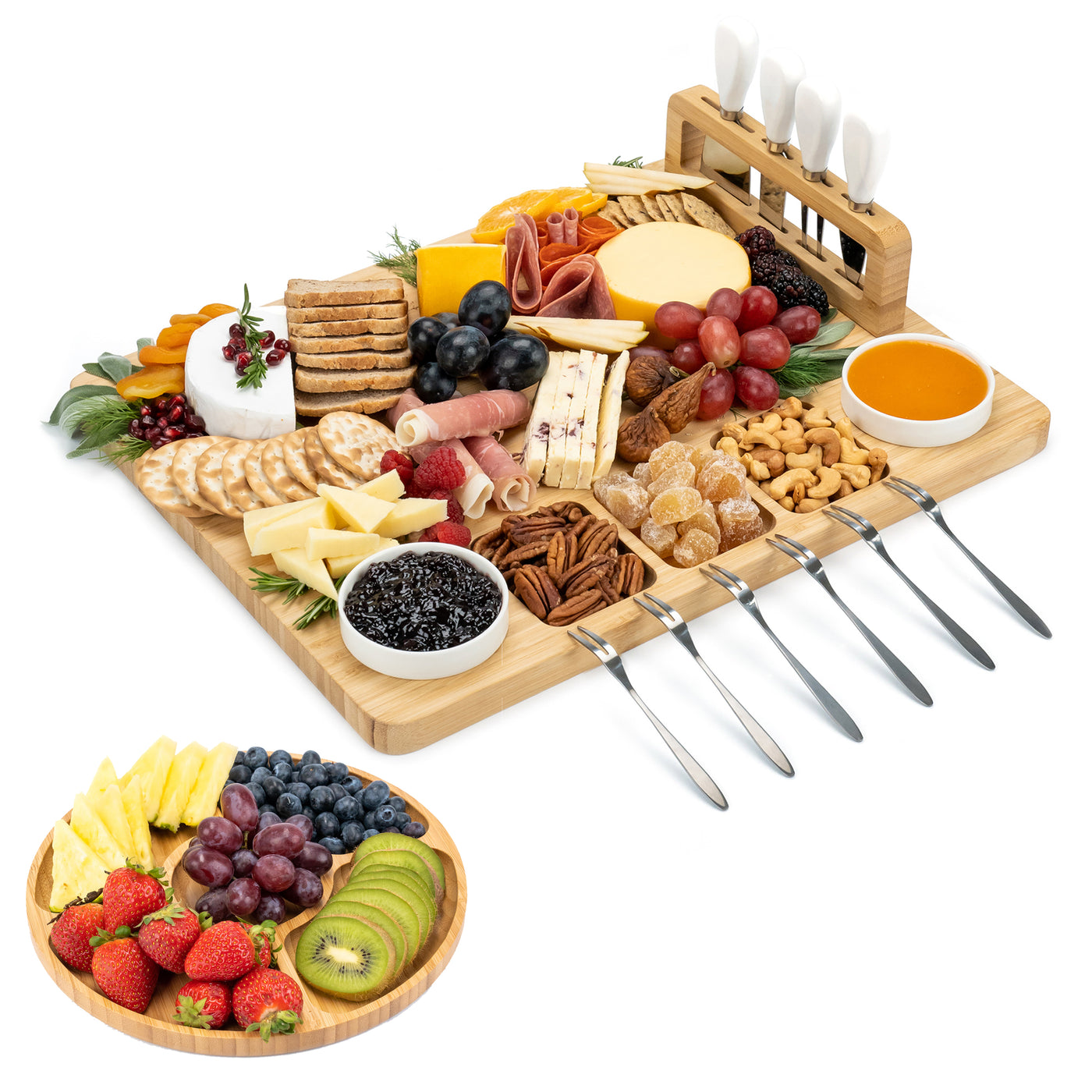 Smirly Bamboo Cheese Board and Knife Set: Large Charcuterie Boards Set & Cheese Platter