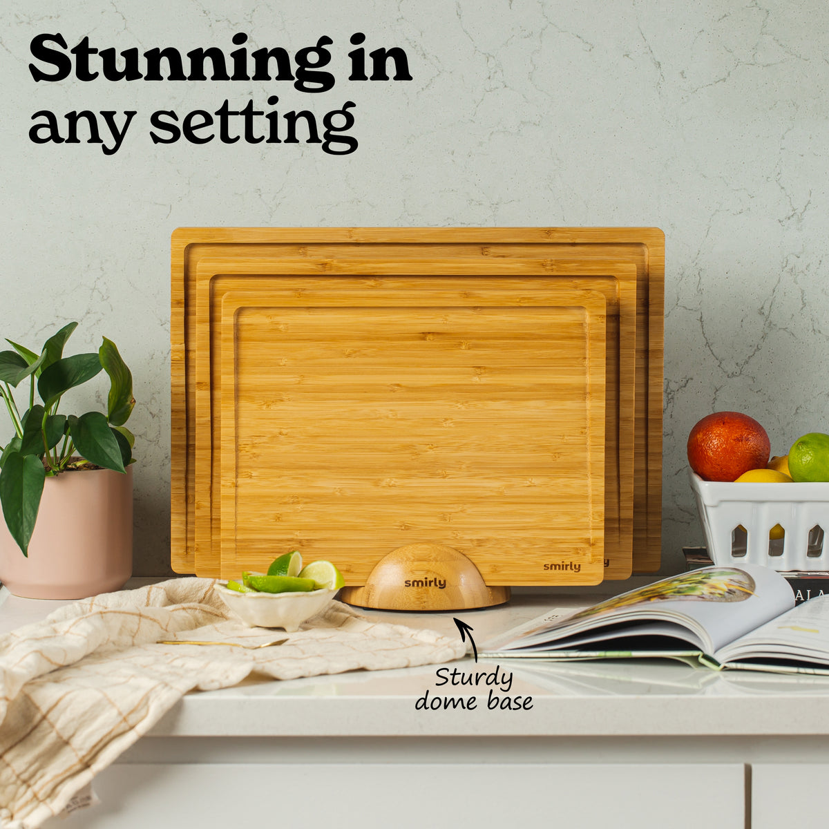 Smirly 3 Pack Bamboo Cutting Board Set with Dome Holder